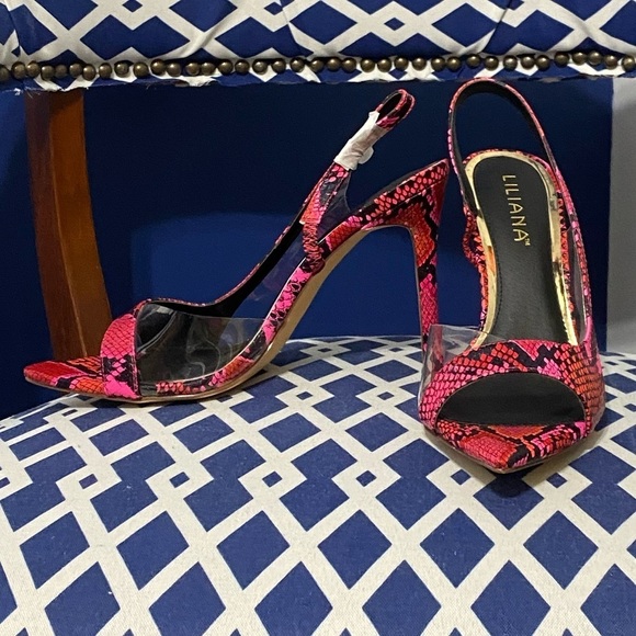 Multi pink black snakeskin clear pointed slingback high heel open toe sandals - Picture 2 of 8
